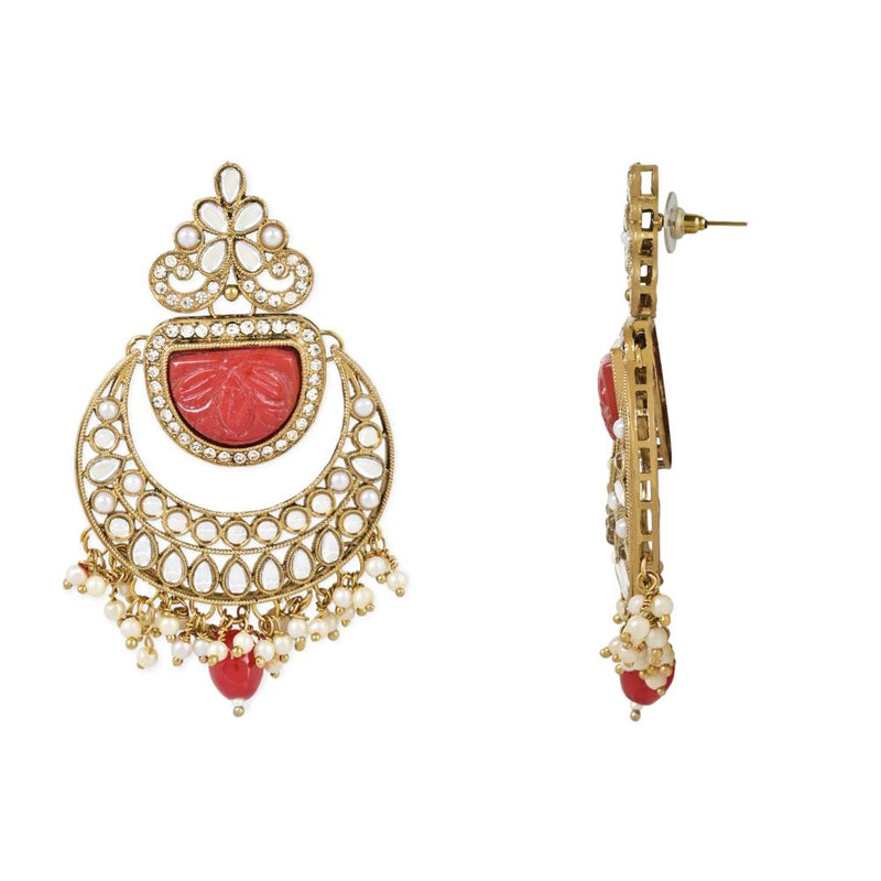 Etnico Gold Plated Traditional Pearl Hanging Kundan Stone Chandbali Earring With Maang Tikka For Women/Girls(TE3029R)