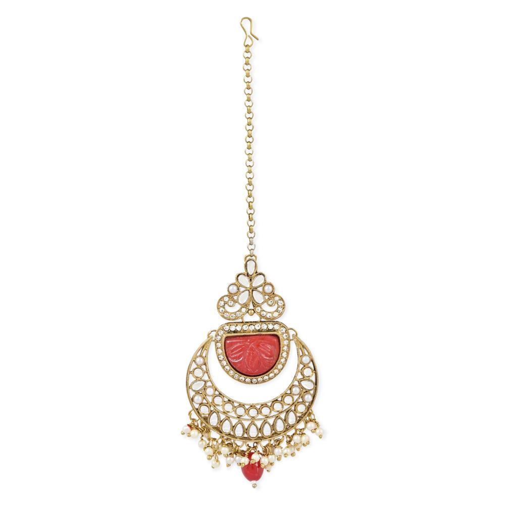 Etnico Gold Plated Traditional Pearl Hanging Kundan Stone Chandbali Earring With Maang Tikka For Women/Girls(TE3029R)