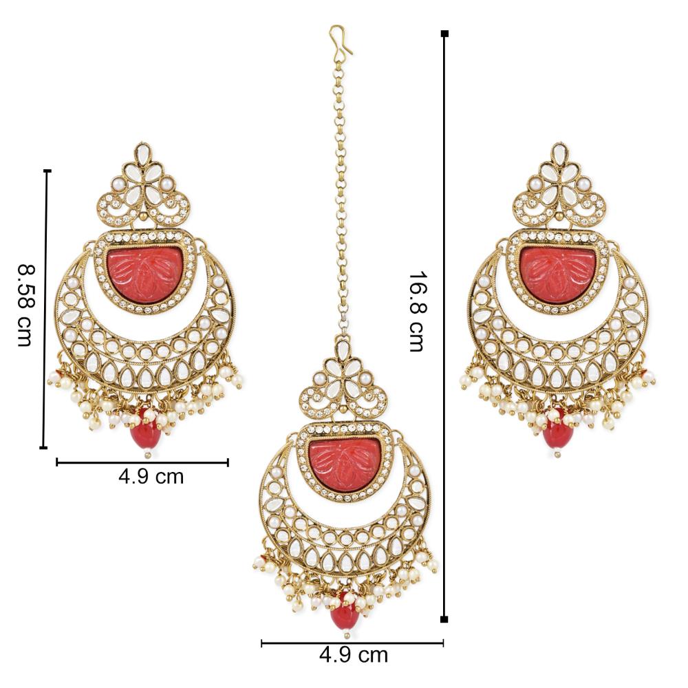 Etnico Gold Plated Traditional Pearl Hanging Kundan Stone Chandbali Earring With Maang Tikka For Women/Girls(TE3029R)