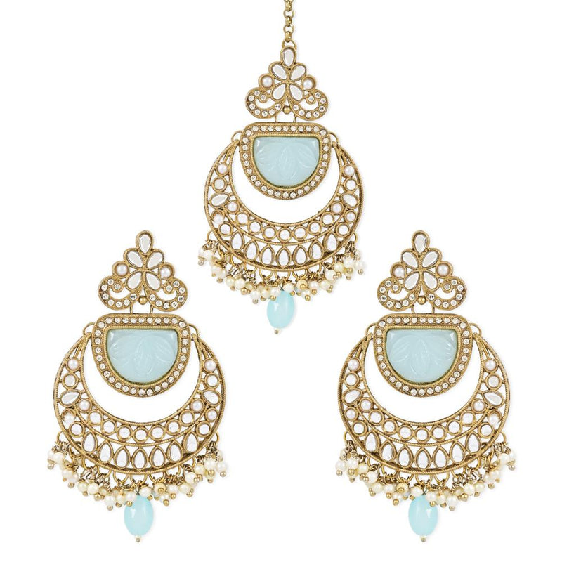 Etnico Gold Plated Traditional Pearl Hanging Kundan Stone Chandbali Earring With Maang Tikka For Women/Girls(TE3029) (Turquoise)