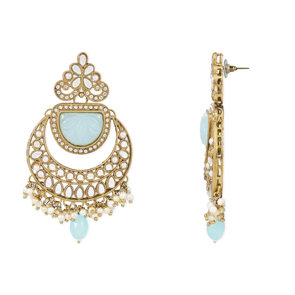 Etnico Gold Plated Traditional Pearl Hanging Kundan Stone Chandbali Earring With Maang Tikka For Women/Girls(TE3029) (Turquoise)