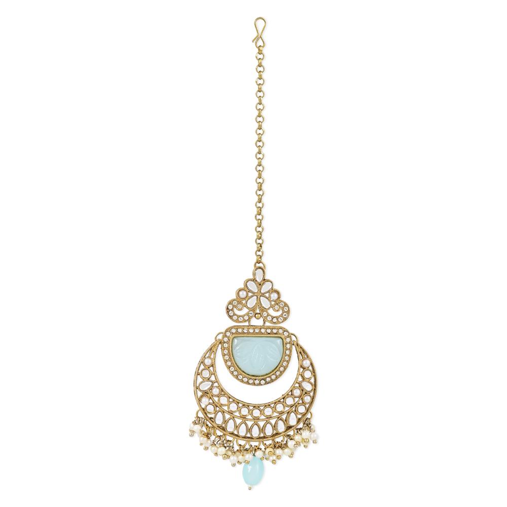 Etnico Gold Plated Traditional Pearl Hanging Kundan Stone Chandbali Earring With Maang Tikka For Women/Girls(TE3029) (Turquoise)