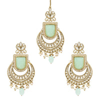 Etnico Gold Plated Traditional Kundan Pearl with Meena Work Chandbali Earrings with Maang Tikka Set for Women/Girls