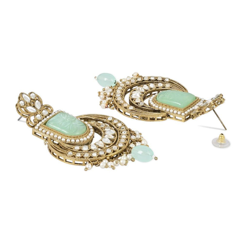 Etnico Gold Plated Traditional Kundan Pearl with Meena Work Chandbali Earrings with Maang Tikka Set for Women/Girls
