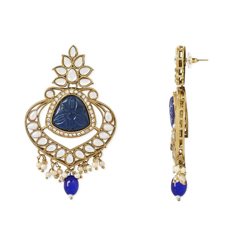 Etnico Gold Plated Traditional Kundan Pearl Chandbali Earrings With Maang Tikka For Women/Girls (TE3031) (Blue)