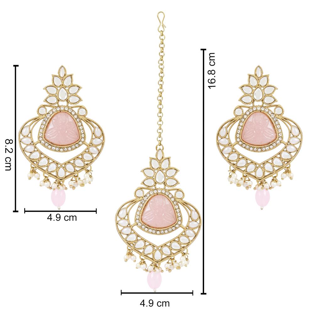 Etnico Gold Plated Traditional Pearl Hanging Kundan Stone Chandbali Earring With Maang Tikka For Women/Girls(TE3031Pi)