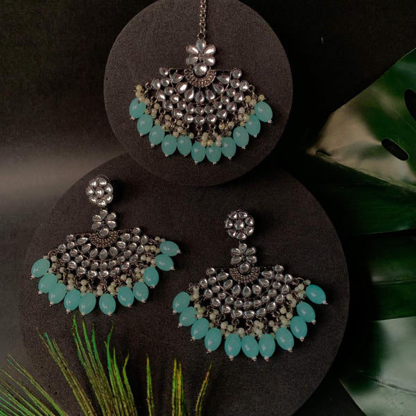 Etnico Ethnic Stylish Silver Oxidised Kundan Pearl Chandbali Earrings With Maang Tikka Set For Women And Girls (TE3106ZSb)