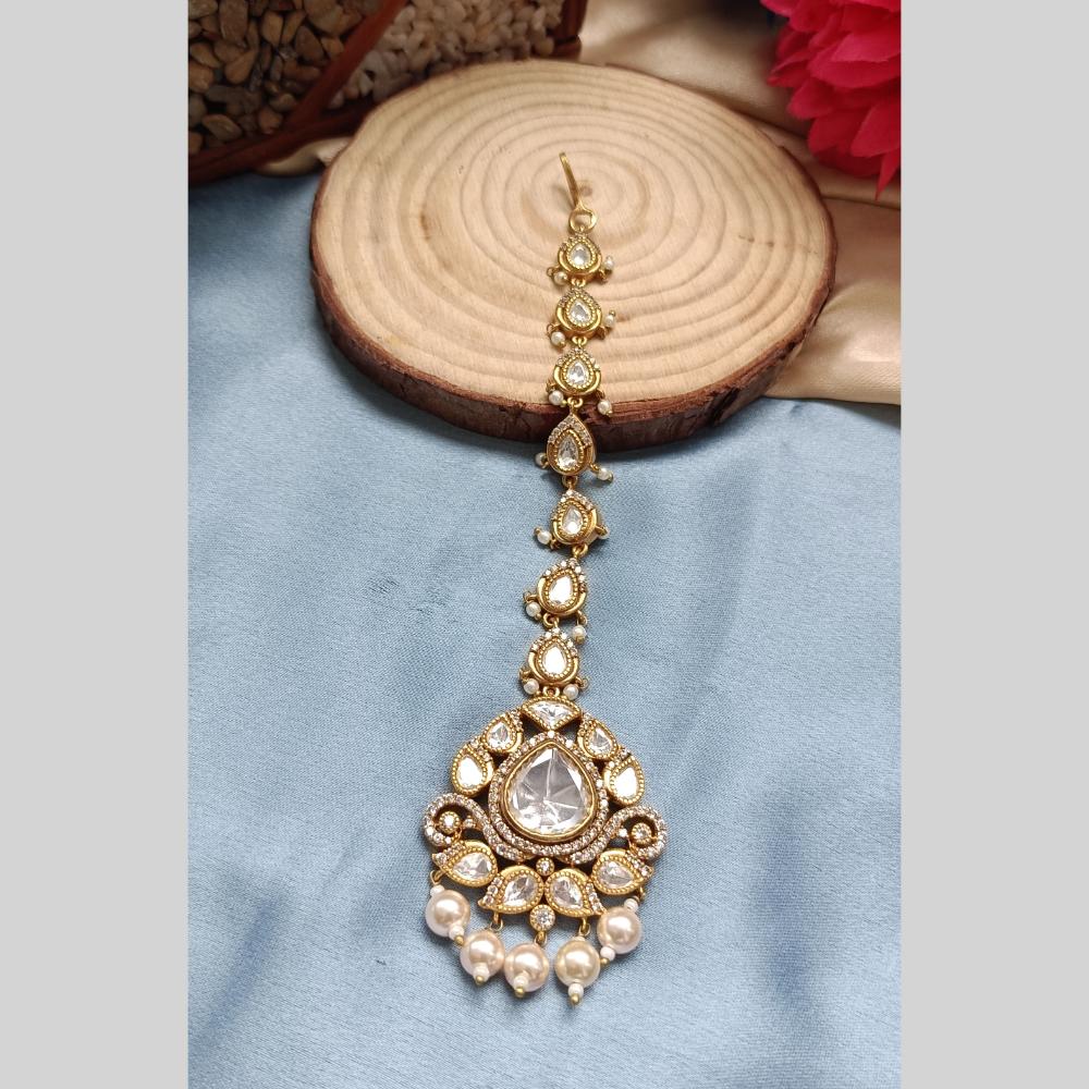 Arham Gold Plated Polki Kundan And Pearl Beads Maangtikka