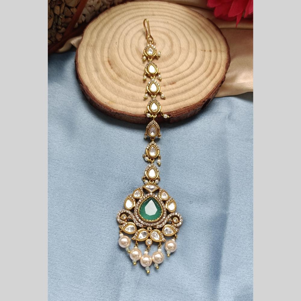 Arham Gold Plated Polki Kundan And Pearl Beads Maangtikka