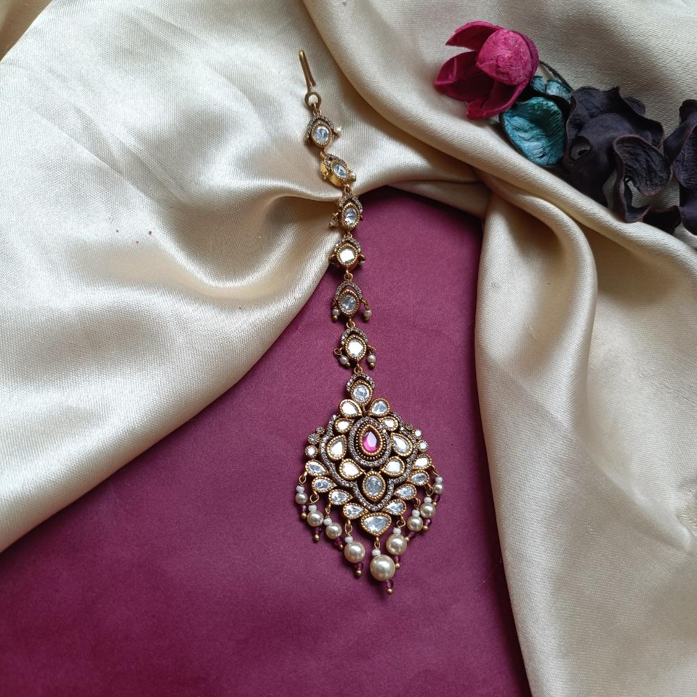 Arham Gold Plated Polki Kundan And Pearl Beads Maangtikka