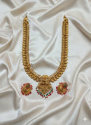 LAFZ Gold Long Temple Haram Mango Necklace & Jhumka Earrings Set