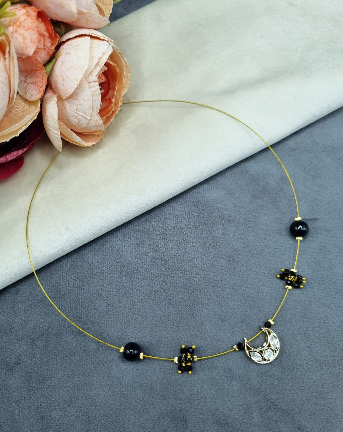 LAFZ  Invisible Wire Crescent Pendant Necklace with Black Bead Accents - TM603
