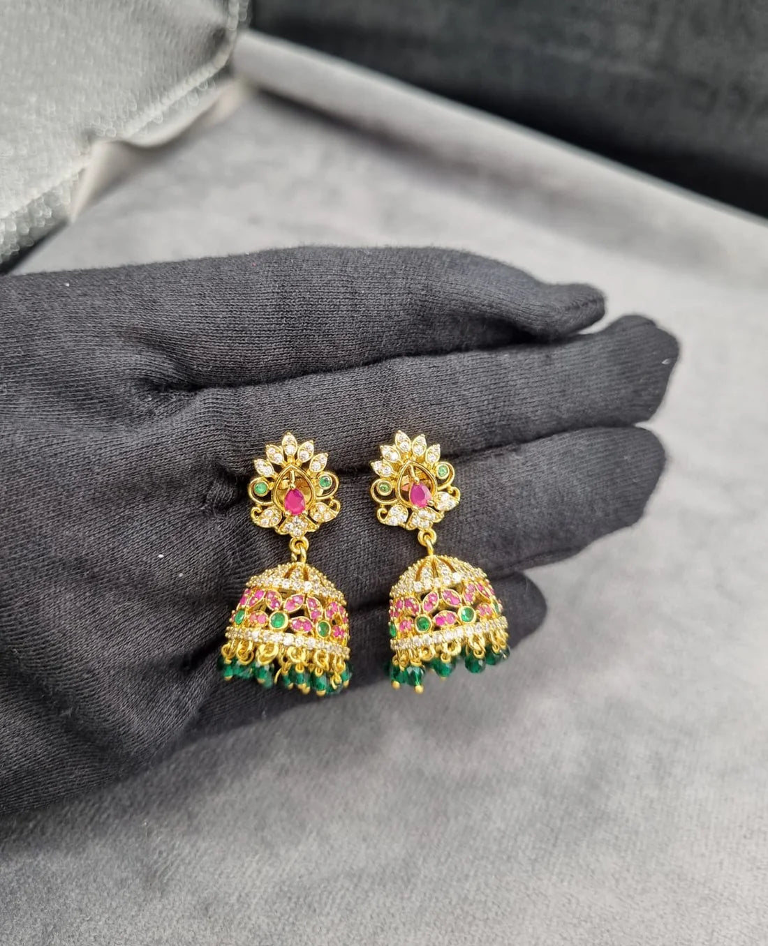 LAFZ Traditional Floral Jhumkas with Pink Bead Droplets