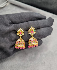 LAFZ Traditional Floral Jhumkas with Pink Bead Droplets