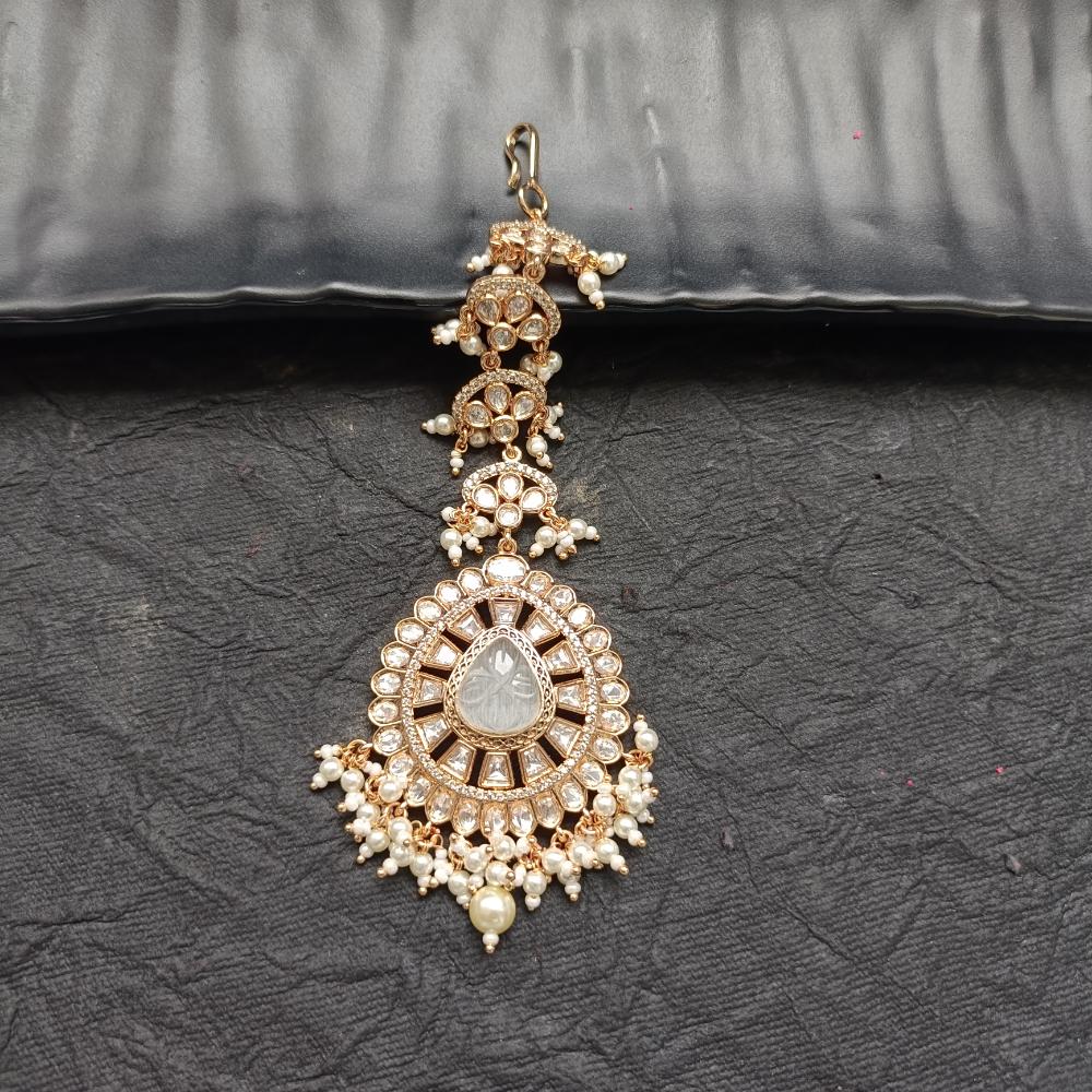 Arham Gold Plated Polki Kundan And Pearl Beads Maangtikka