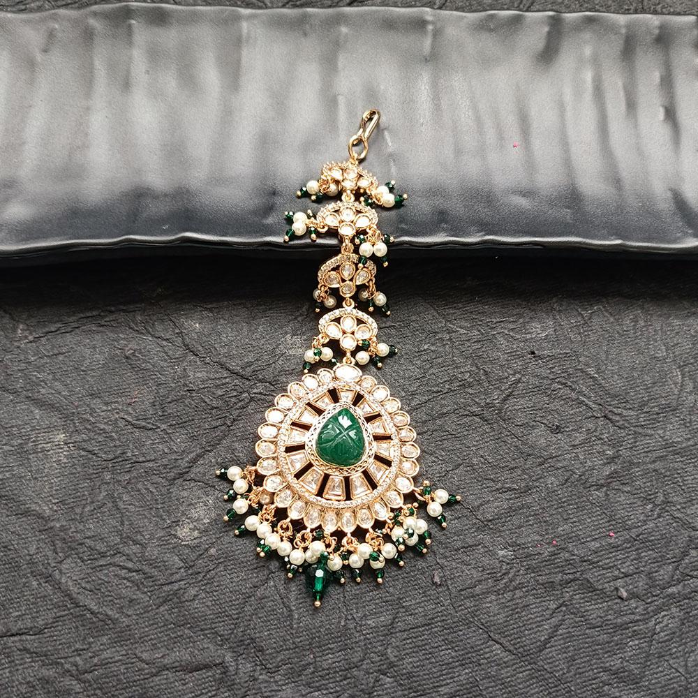 Arham Gold Plated Polki Kundan And Pearl Beads Maangtikka