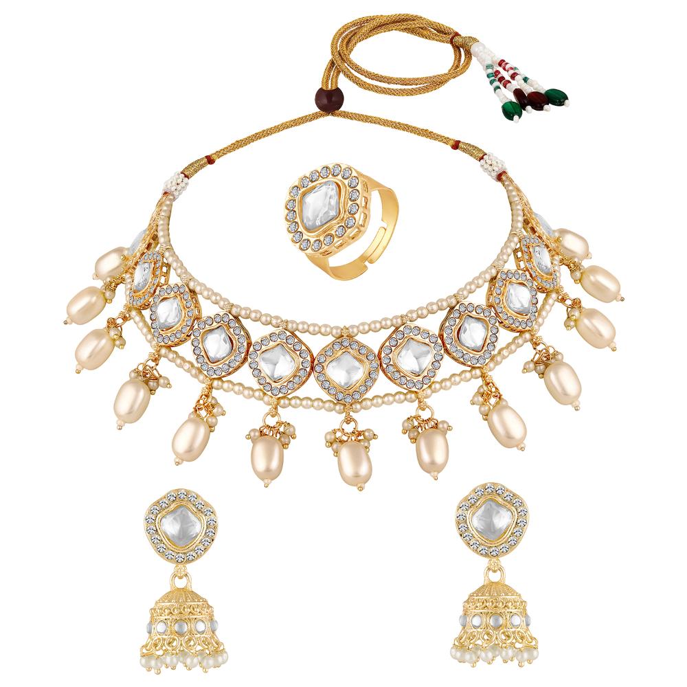 Mahi Traditional Necklace Set Adjustale Finger Ring with White Kundan & Moti for Women (VNCJ4004)