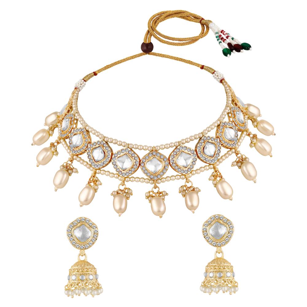 Mahi Traditional Necklace Set Adjustale Finger Ring with White Kundan & Moti for Women (VNCJ4004)