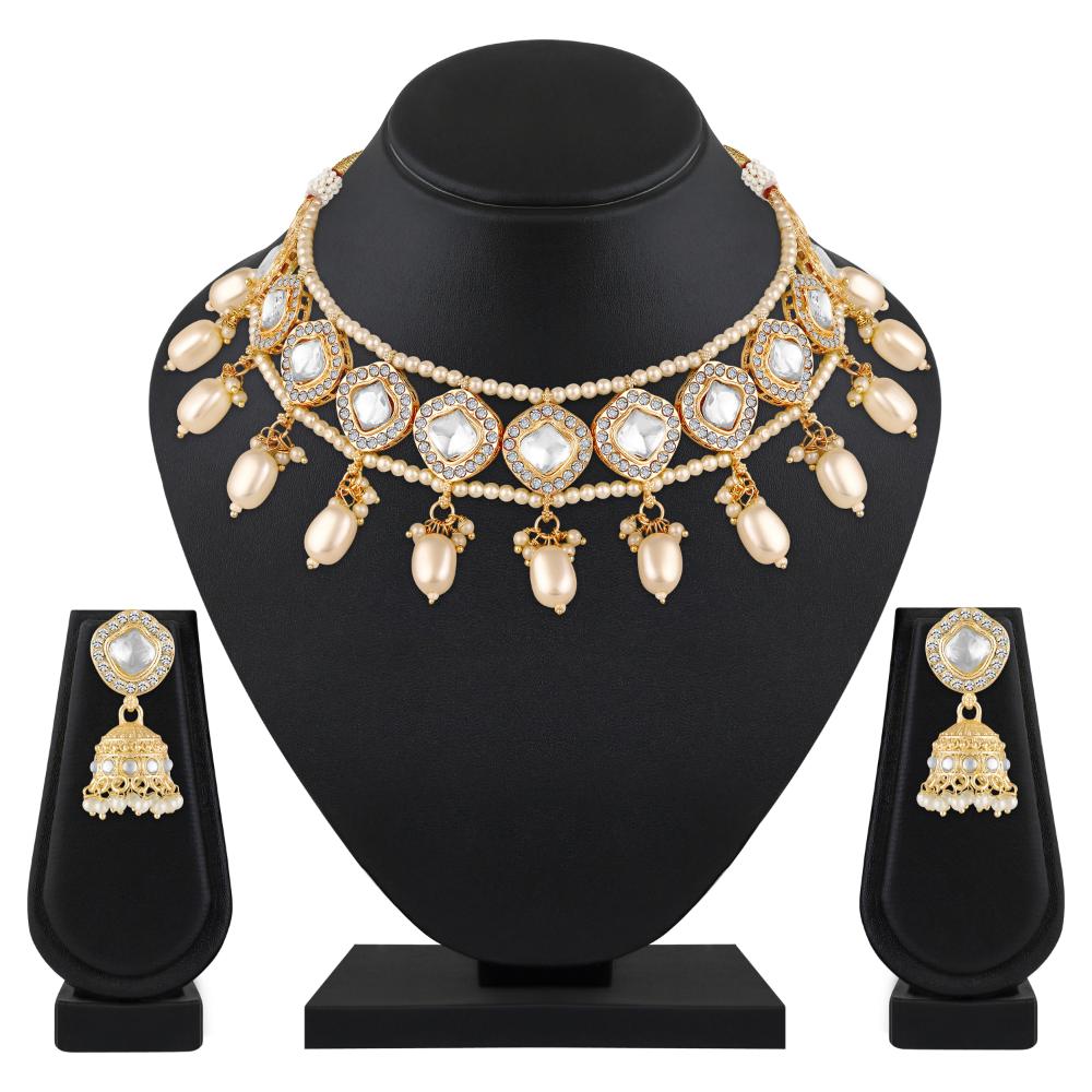 Mahi Traditional Necklace Set Adjustale Finger Ring with White Kundan & Moti for Women (VNCJ4004)