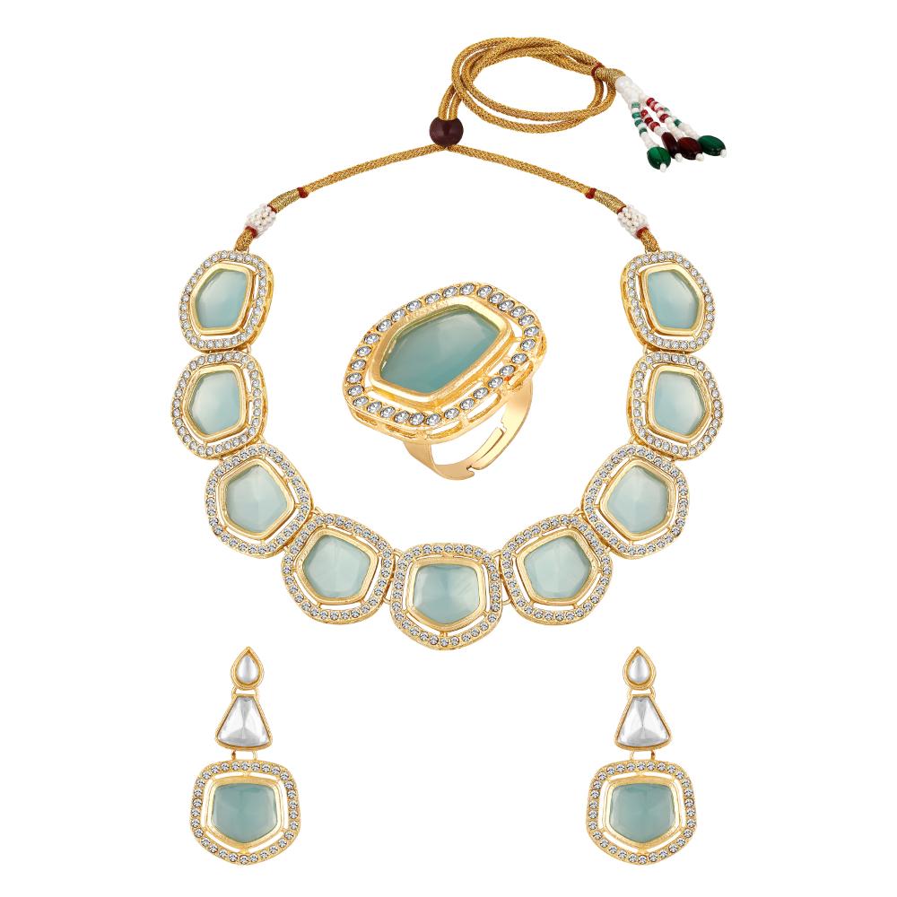 Mahi Traditional Necklace Set Adjustale Finger Ring with Blue Kundan & Crystals for Women (VNCJ4005)