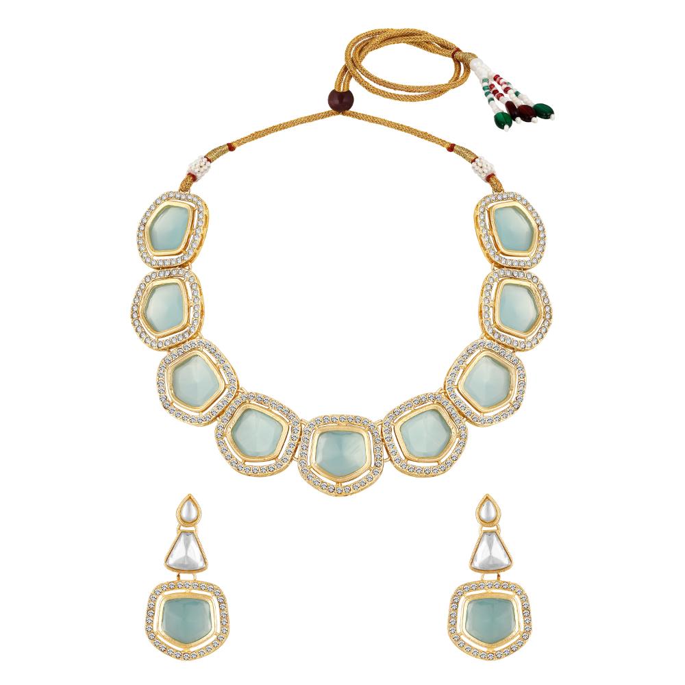 Mahi Traditional Necklace Set Adjustale Finger Ring with Blue Kundan & Crystals for Women (VNCJ4005)