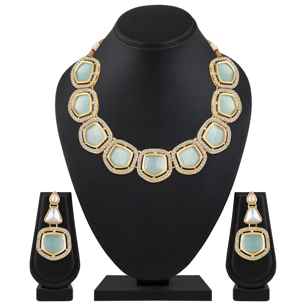 Mahi Traditional Necklace Set Adjustale Finger Ring with Blue Kundan & Crystals for Women (VNCJ4005)