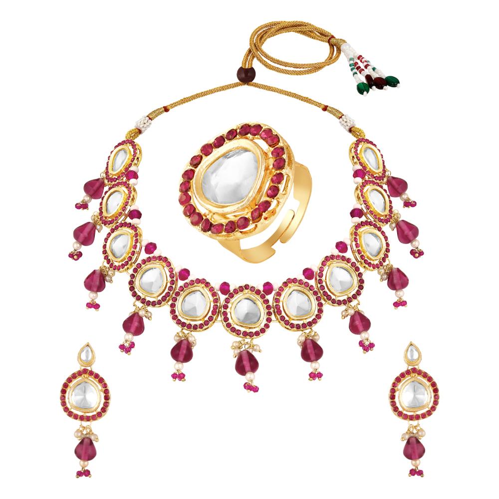 Mahi Traditional Necklace Set Adjustale Finger Ring with Red Kundan & Meenakari Work for Women (VNCJ4009)