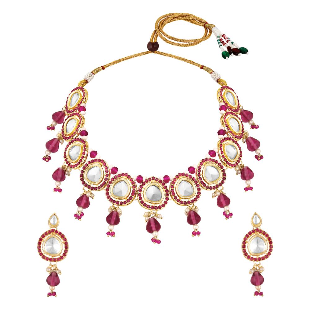 Mahi Traditional Necklace Set Adjustale Finger Ring with Red Kundan & Meenakari Work for Women (VNCJ4009)