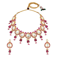 Mahi Traditional Necklace Set Adjustale Finger Ring with Red Kundan & Meenakari Work for Women (VNCJ4009)