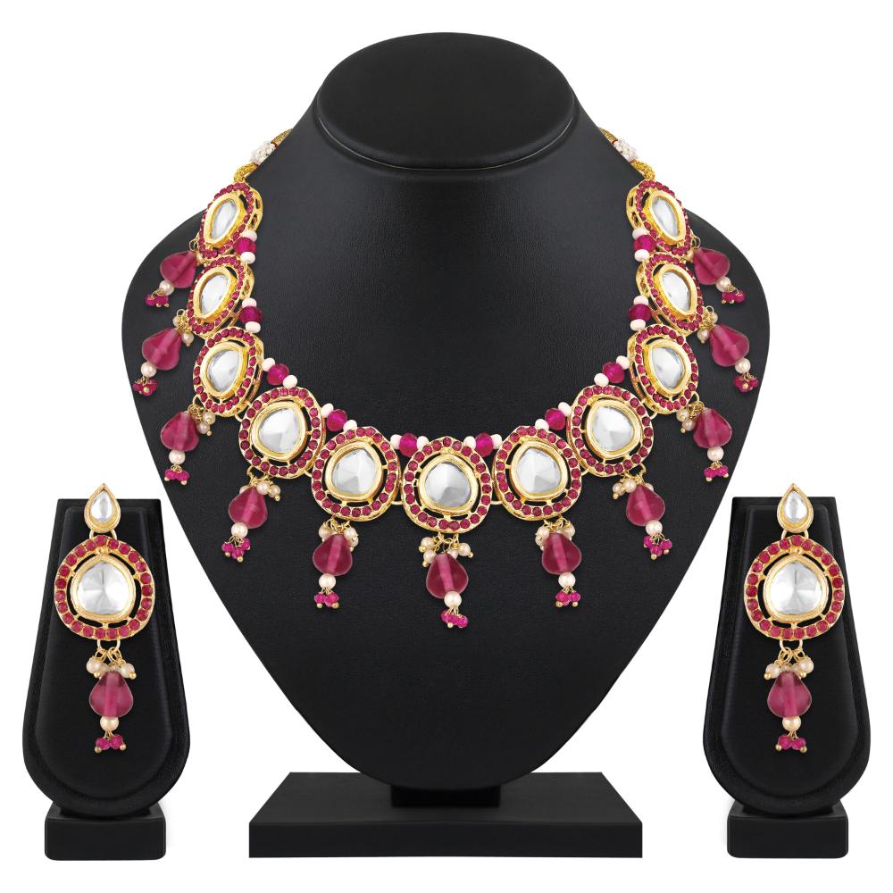 Mahi Traditional Necklace Set Adjustale Finger Ring with Red Kundan & Meenakari Work for Women (VNCJ4009)