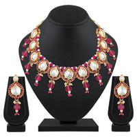 Mahi Traditional Necklace Set Adjustale Finger Ring with Red Kundan & Meenakari Work for Women (VNCJ4009)