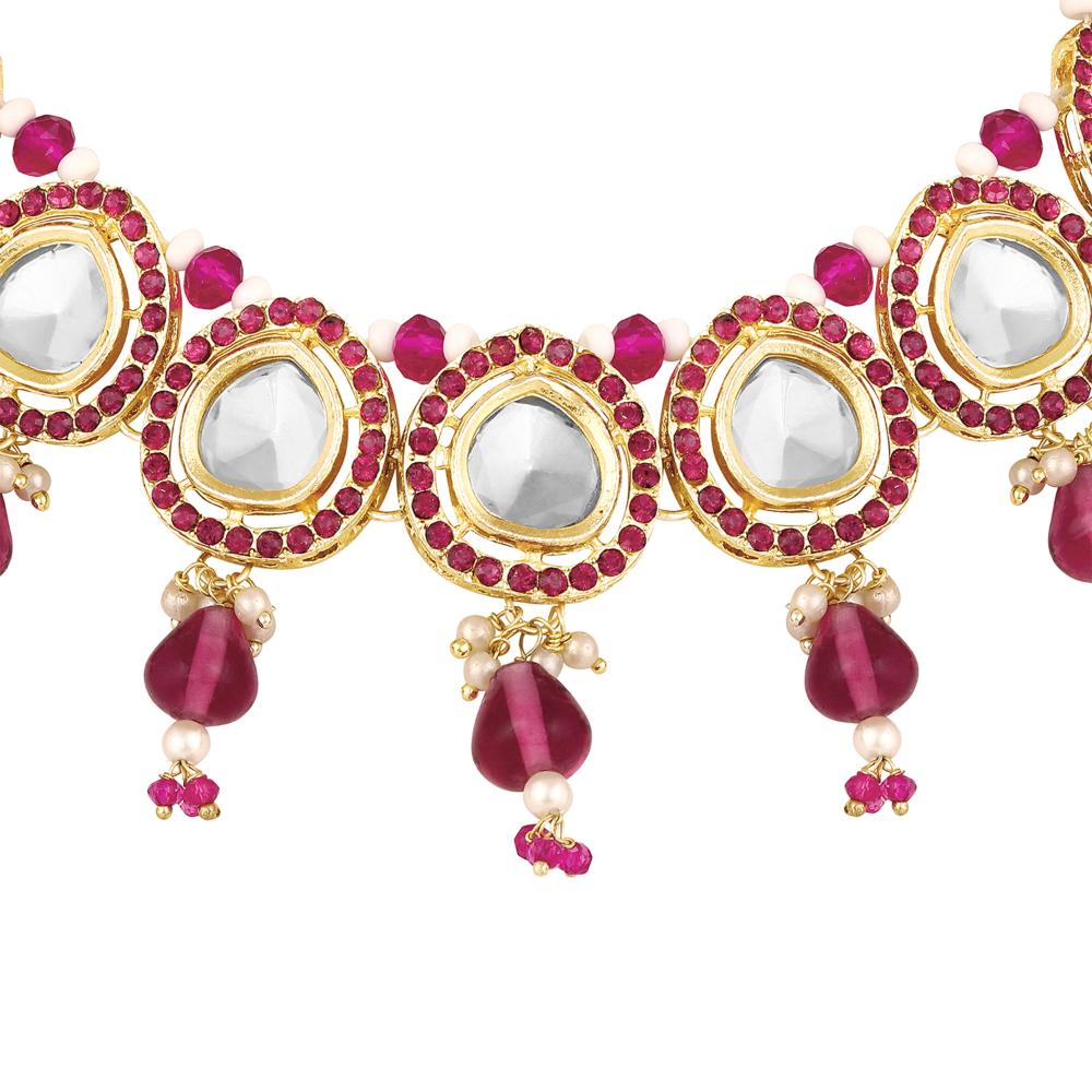 Mahi Traditional Necklace Set Adjustale Finger Ring with Red Kundan & Meenakari Work for Women (VNCJ4009)