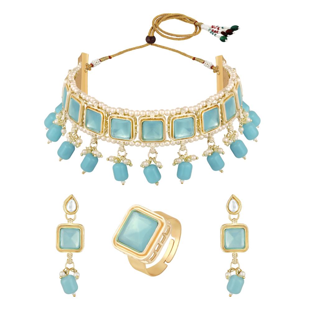 Mahi Traditional Necklace Set Adjustale Finger Ring with Blue Kundan & Crystals for Women (VNCJ4010)