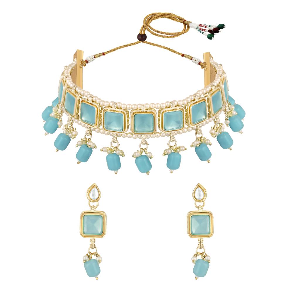Mahi Traditional Necklace Set Adjustale Finger Ring with Blue Kundan & Crystals for Women (VNCJ4010)