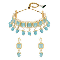 Mahi Traditional Necklace Set Adjustale Finger Ring with Blue Kundan & Crystals for Women (VNCJ4010)