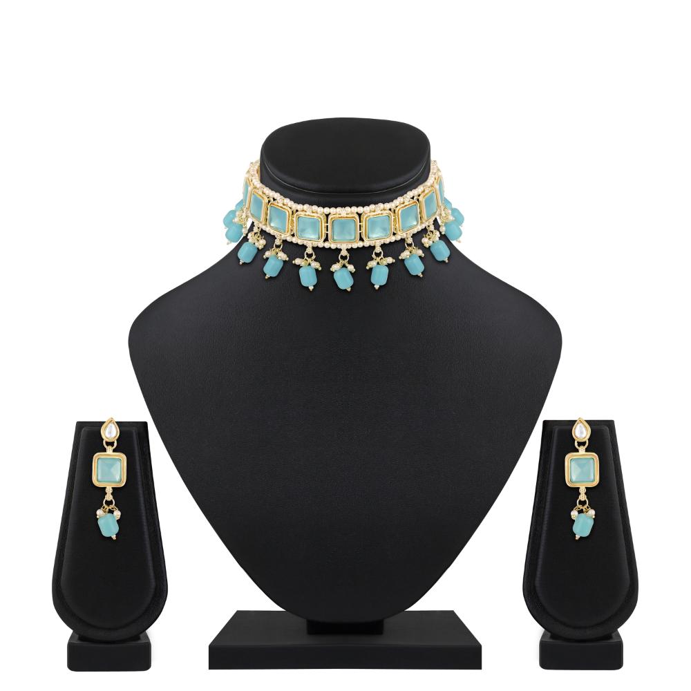 Mahi Traditional Necklace Set Adjustale Finger Ring with Blue Kundan & Crystals for Women (VNCJ4010)