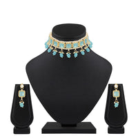 Mahi Traditional Necklace Set Adjustale Finger Ring with Blue Kundan & Crystals for Women (VNCJ4010)