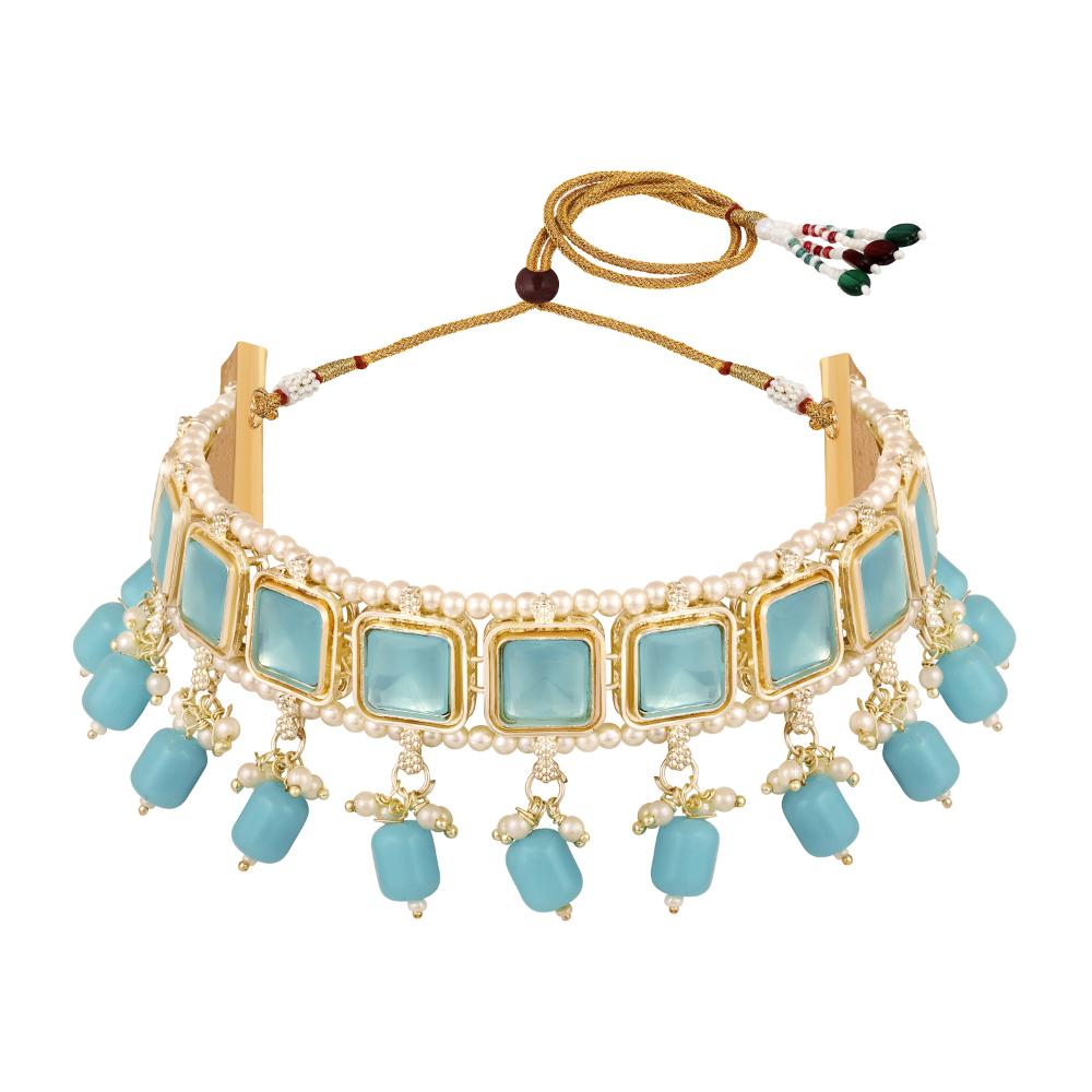 Mahi Traditional Necklace Set Adjustale Finger Ring with Blue Kundan & Crystals for Women (VNCJ4010)