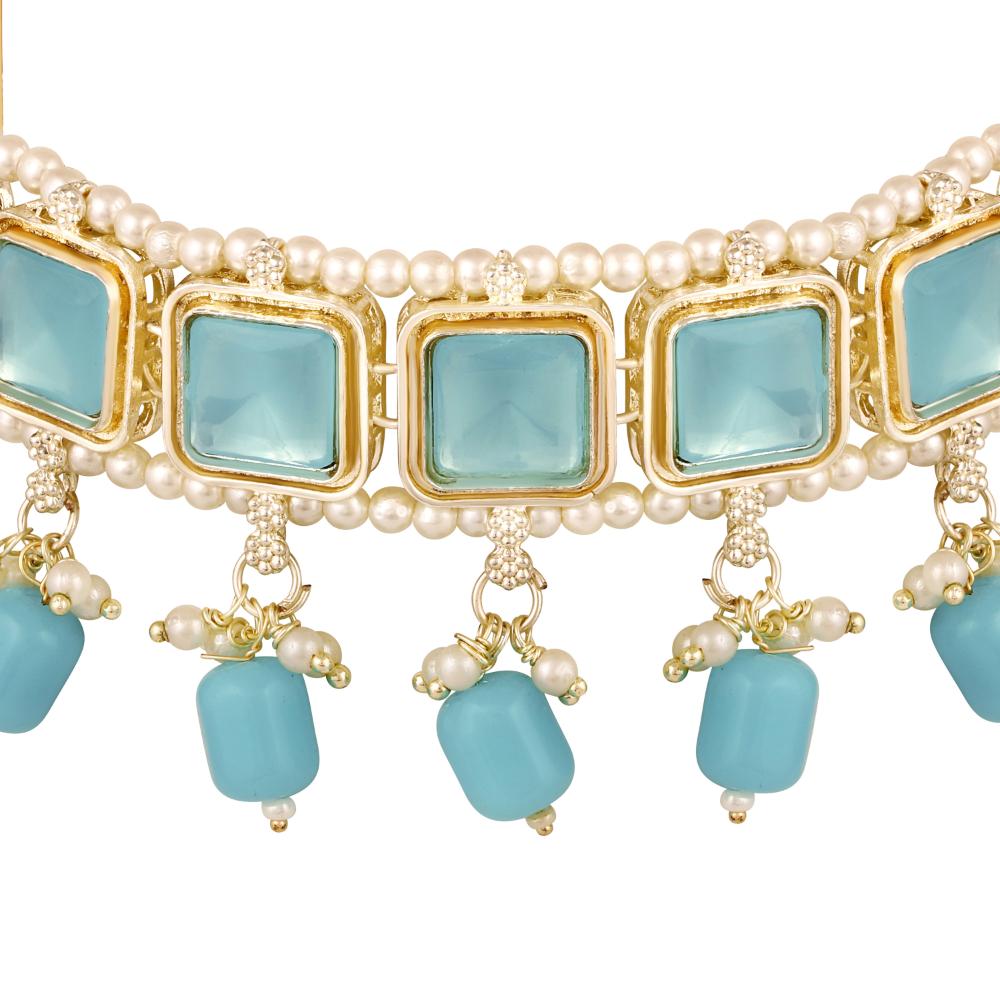 Mahi Traditional Necklace Set Adjustale Finger Ring with Blue Kundan & Crystals for Women (VNCJ4010)