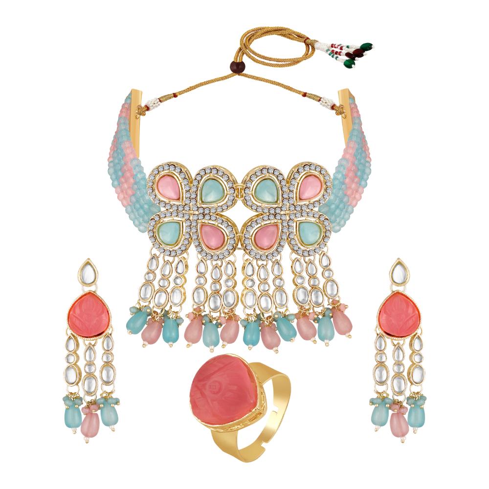 Mahi Traditional Necklace Set Adjustale Finger Ring with Multicolor Kundan & Crystals for Women (VNCJ4011)
