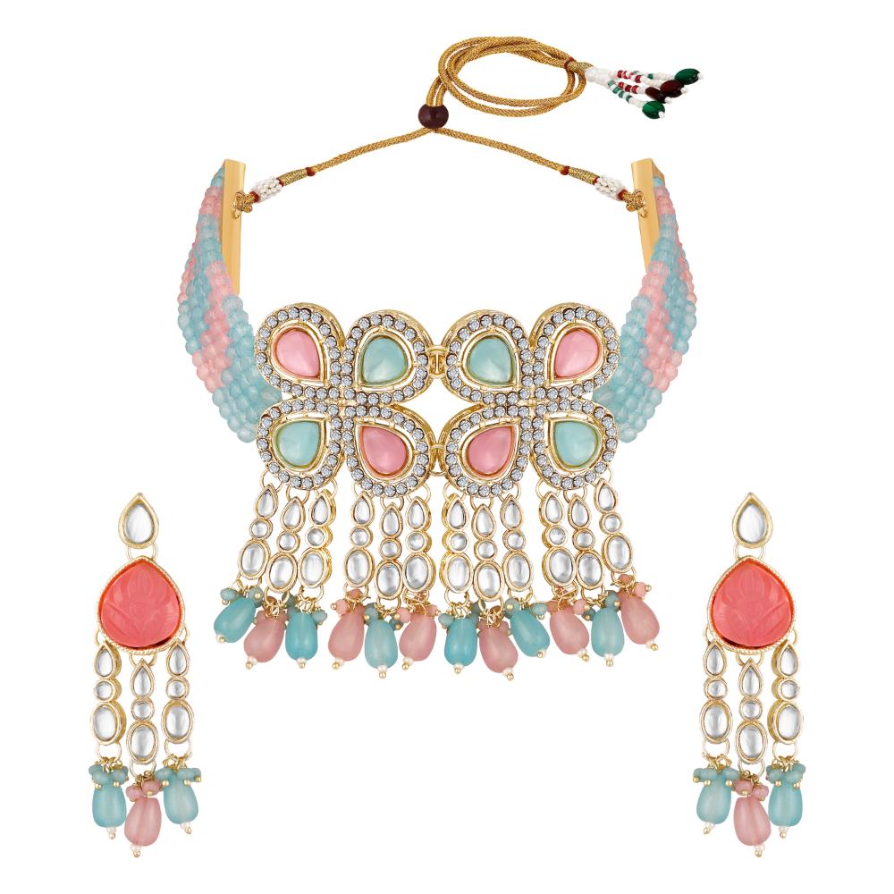 Mahi Traditional Necklace Set Adjustale Finger Ring with Multicolor Kundan & Crystals for Women (VNCJ4011)