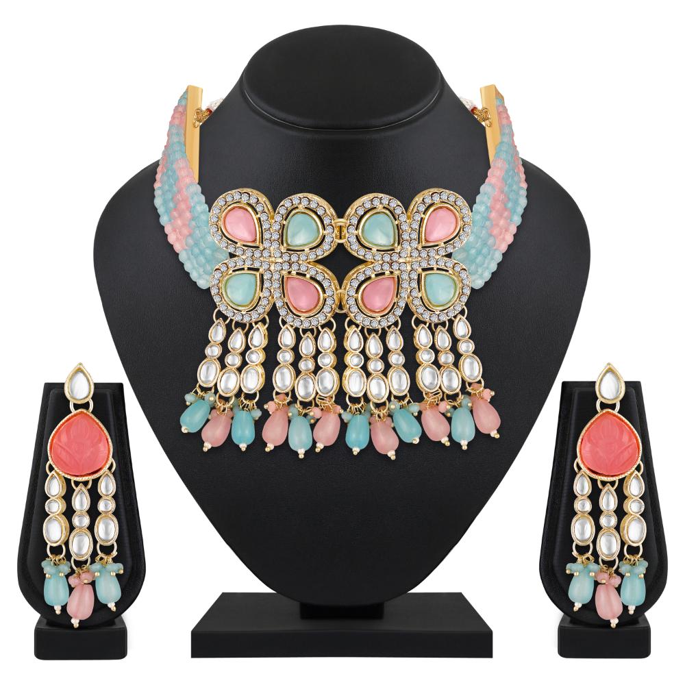 Mahi Traditional Necklace Set Adjustale Finger Ring with Multicolor Kundan & Crystals for Women (VNCJ4011)