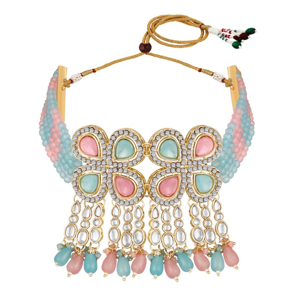 Mahi Traditional Necklace Set Adjustale Finger Ring with Multicolor Kundan & Crystals for Women (VNCJ4011)