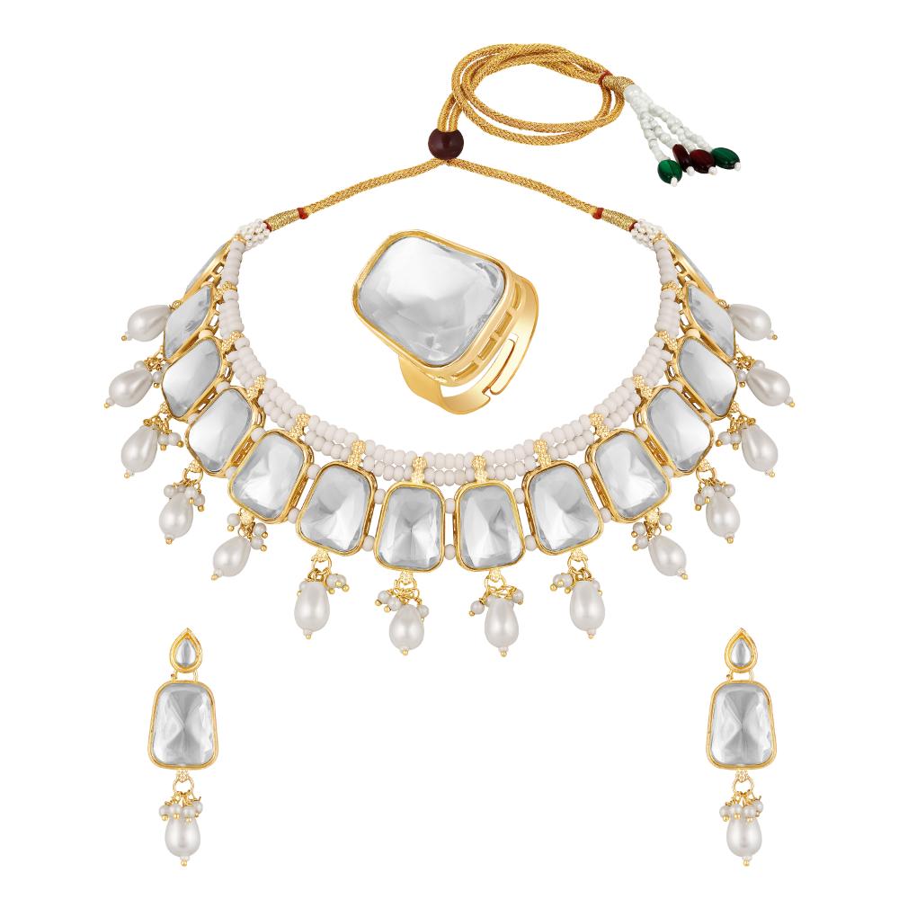 Mahi Traditional Necklace Set Adjustale Finger Ring with White Kundan for Women (VNCJ4016)