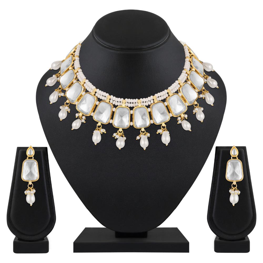 Mahi Traditional Necklace Set Adjustale Finger Ring with White Kundan for Women (VNCJ4016)