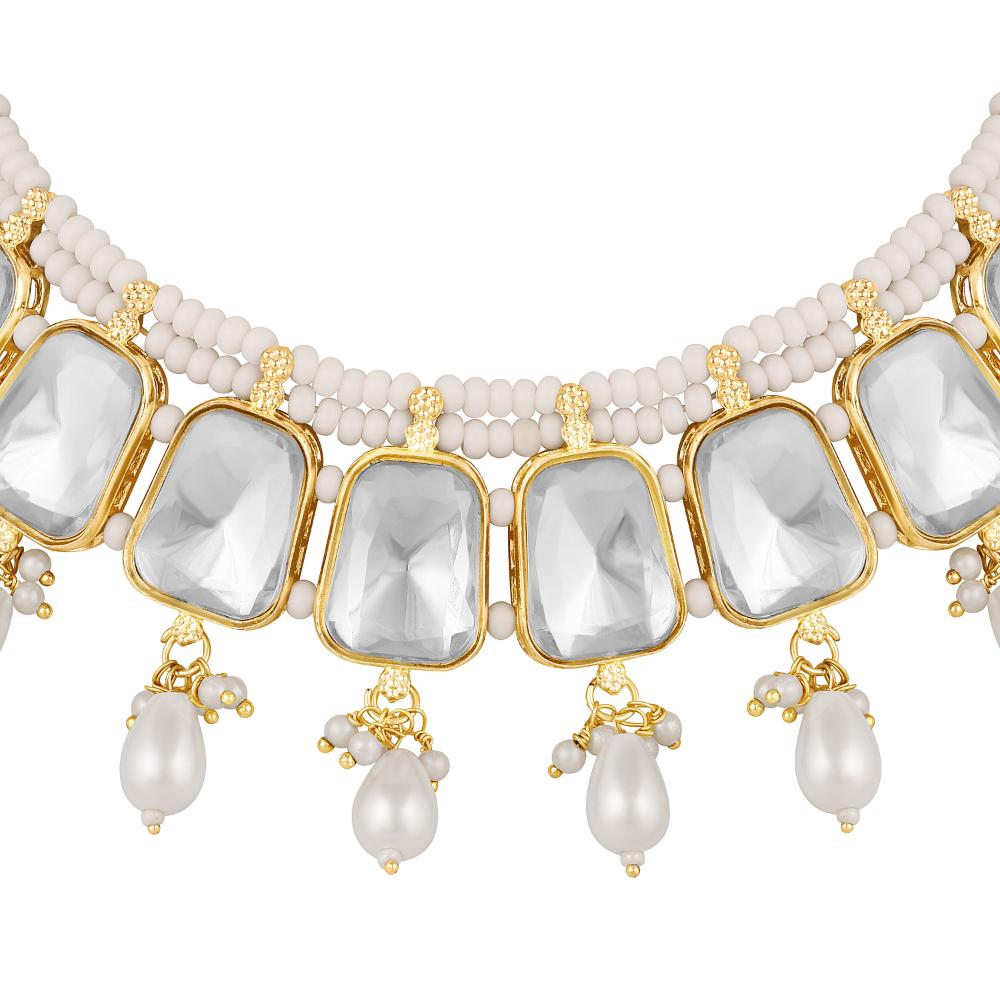 Mahi Traditional Necklace Set Adjustale Finger Ring with White Kundan for Women (VNCJ4016)