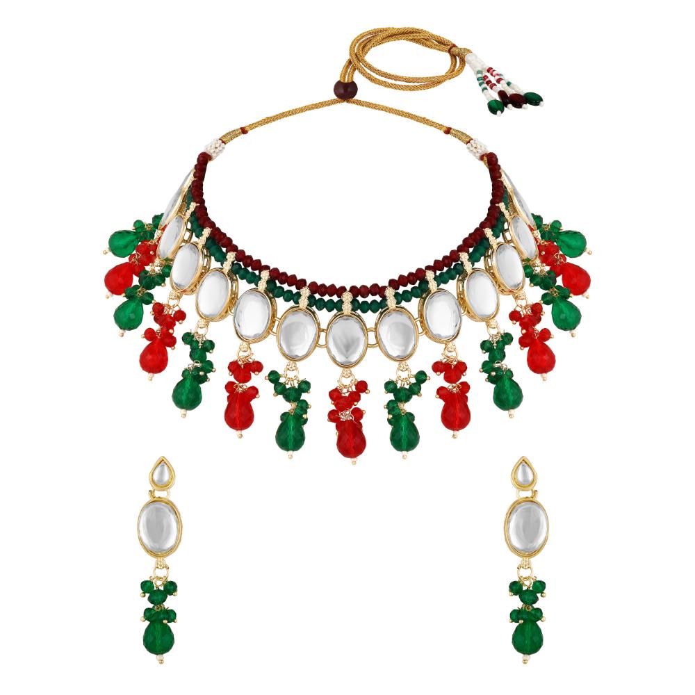 Mahi Traditional Necklace Set Adjustale Finger Ring with Multicolor Kundan for Women (VNCJ4020)