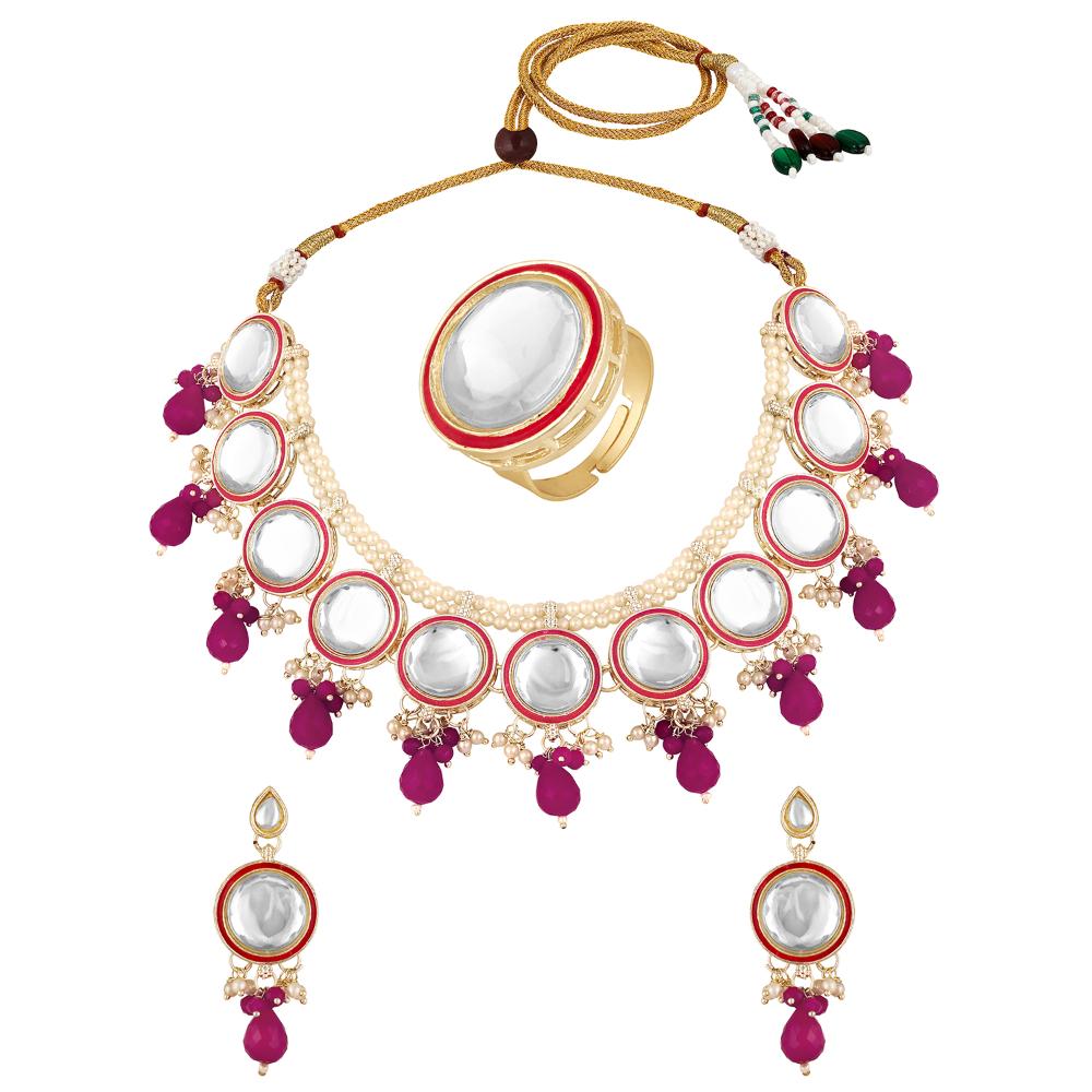 Mahi Traditional Necklace Set Adjustale Finger Ring with Red Kundan & Crystals for Women (VNCJ4026)