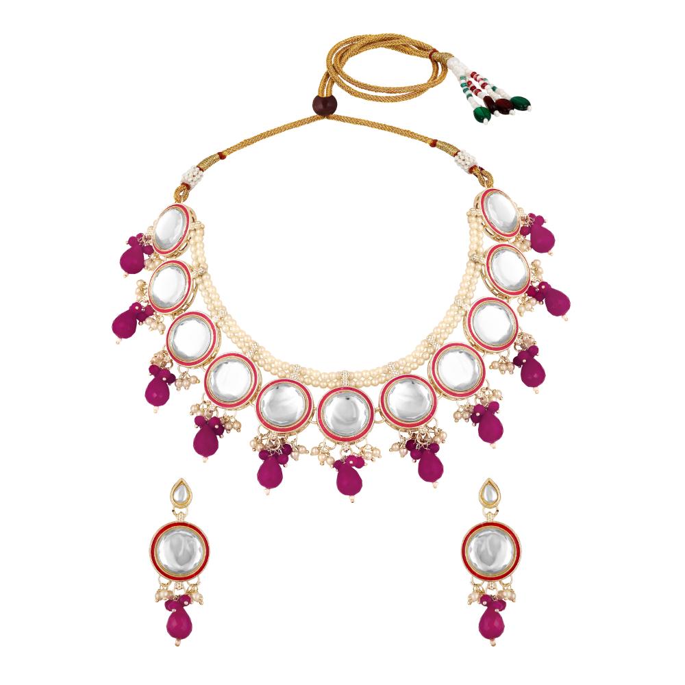 Mahi Traditional Necklace Set Adjustale Finger Ring with Red Kundan & Crystals for Women (VNCJ4026)