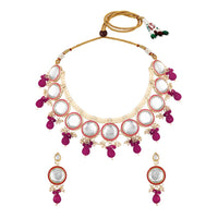 Mahi Traditional Necklace Set Adjustale Finger Ring with Red Kundan & Crystals for Women (VNCJ4026)